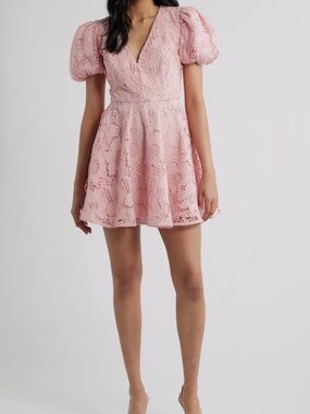 Puff-Sleeve Pink Lace Mini Dress